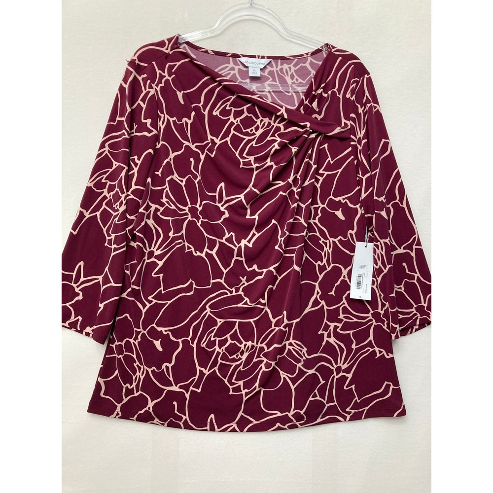 New Liz Claiborne Blouse XL Burgundy Floral Knot Neck 3/4 Sleeve Stretch Knit